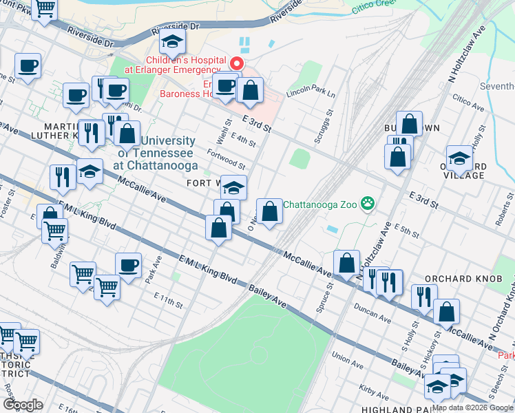 map of restaurants, bars, coffee shops, grocery stores, and more near 609 O Neal Street in Chattanooga