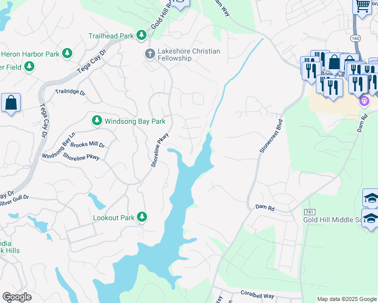 map of restaurants, bars, coffee shops, grocery stores, and more near 4420 Beach Club Lane in Fort Mill