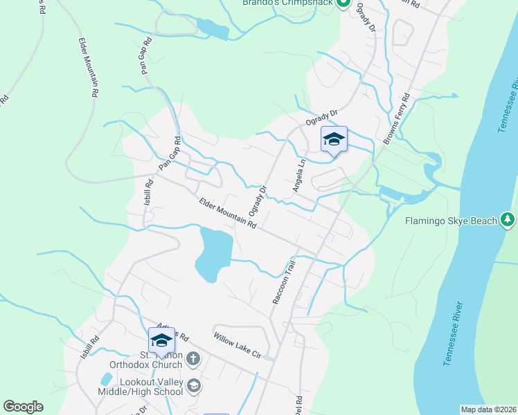 map of restaurants, bars, coffee shops, grocery stores, and more near 3326 Rondaboo Drive in Chattanooga