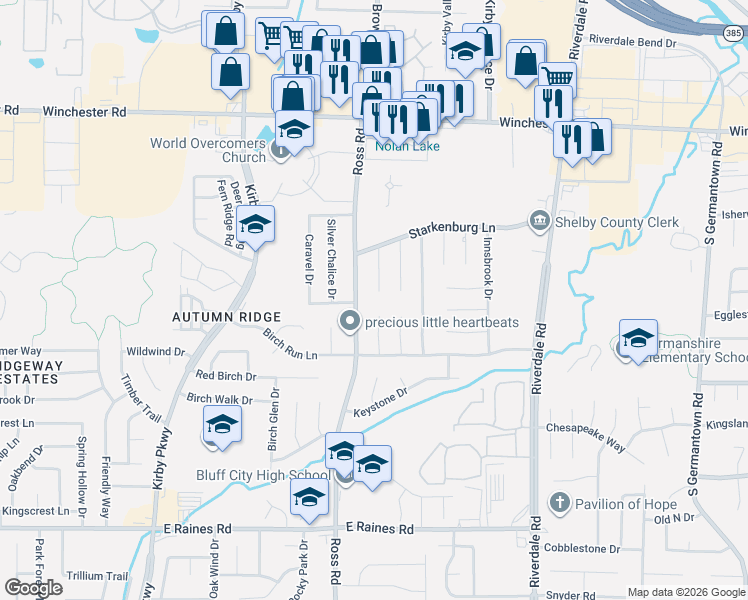 map of restaurants, bars, coffee shops, grocery stores, and more near 3848 Lawrenceton Cove in Memphis
