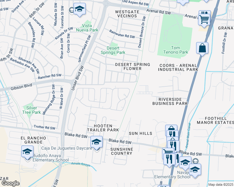 map of restaurants, bars, coffee shops, grocery stores, and more near 2517 Sancho Panza Way Southwest in Albuquerque