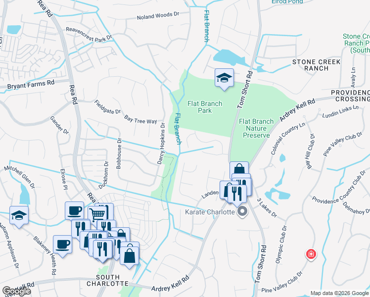map of restaurants, bars, coffee shops, grocery stores, and more near 6844 Braddock Lane in Charlotte