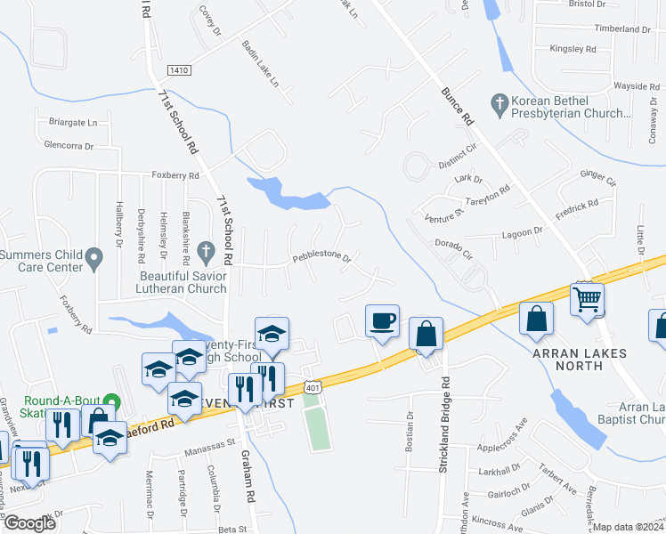 map of restaurants, bars, coffee shops, grocery stores, and more near 1504 Richborough Court in Fayetteville