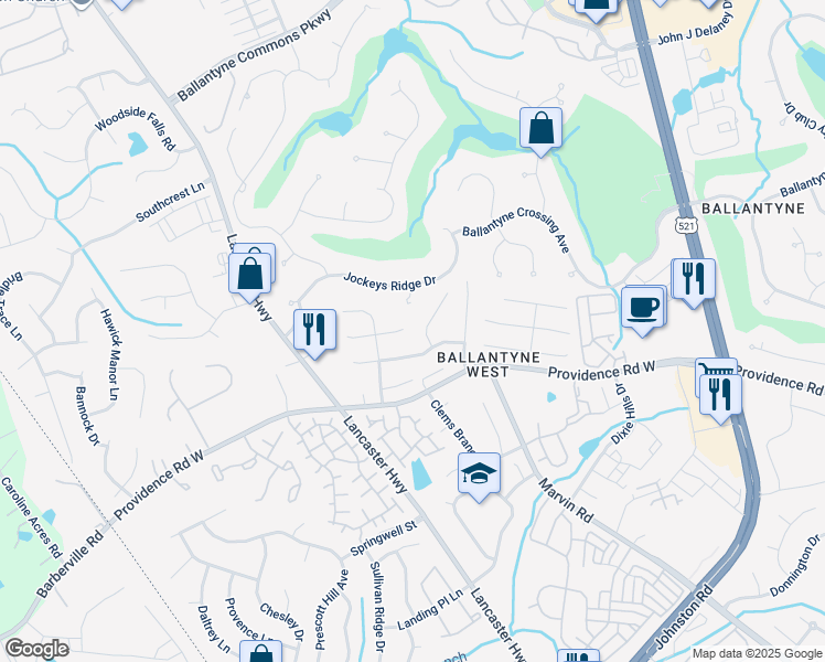 map of restaurants, bars, coffee shops, grocery stores, and more near 11925 Hawick Valley Lane in Charlotte