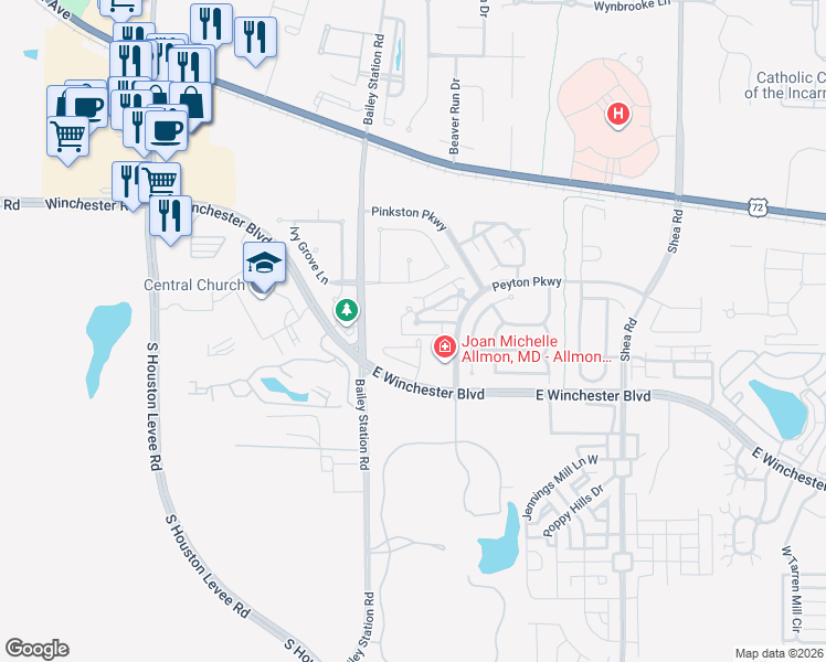 map of restaurants, bars, coffee shops, grocery stores, and more near 1813 Yancey Circle North in Collierville