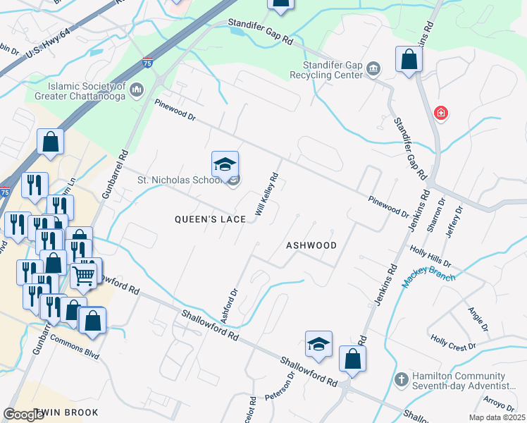 map of restaurants, bars, coffee shops, grocery stores, and more near 2460 Will Kelley Rd in Chattanooga