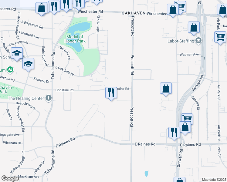 map of restaurants, bars, coffee shops, grocery stores, and more near 3519 Christine Road in Memphis