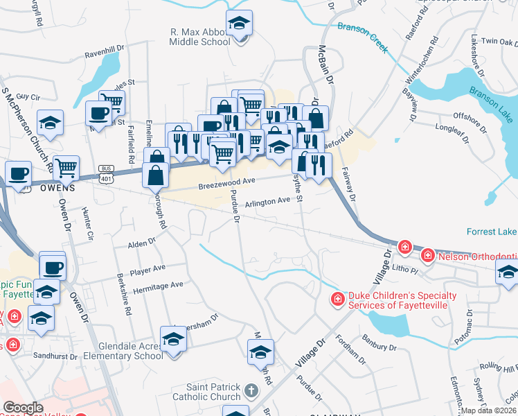 map of restaurants, bars, coffee shops, grocery stores, and more near 2739 Arlington Avenue in Fayetteville
