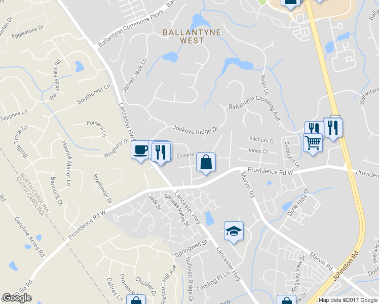 map of restaurants, bars, coffee shops, grocery stores, and more near 15011 Edindale Drive in Charlotte