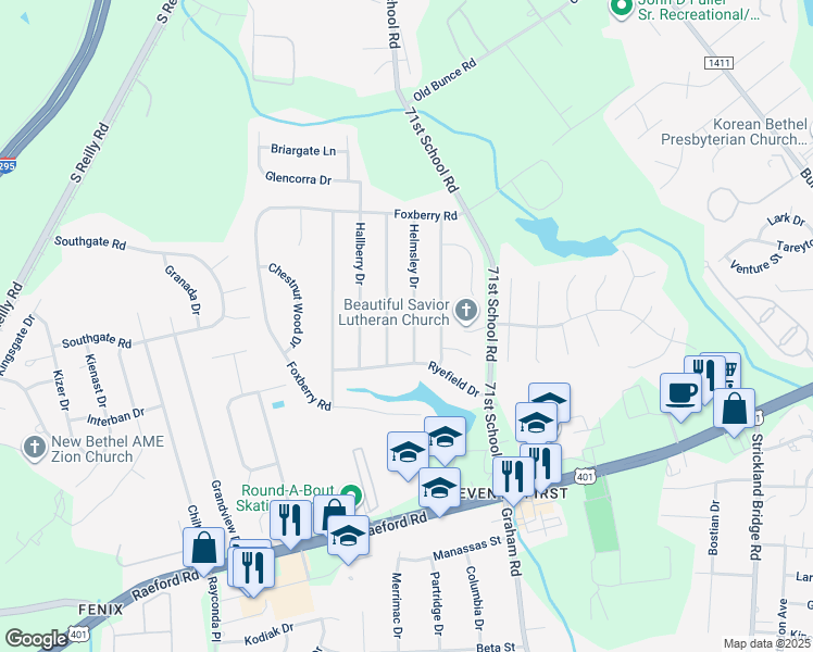 map of restaurants, bars, coffee shops, grocery stores, and more near 1182 Helmsley Dr in Fayetteville