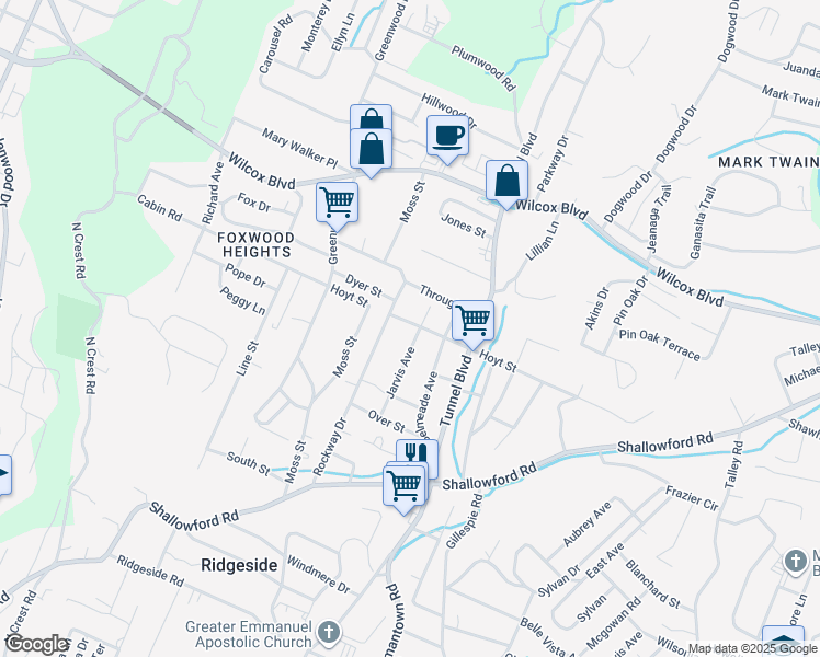 map of restaurants, bars, coffee shops, grocery stores, and more near 1116 Jarvis Avenue in Chattanooga