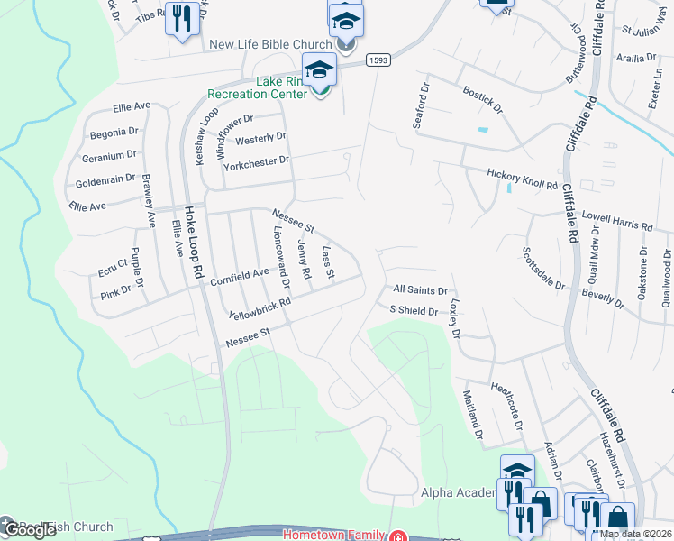 map of restaurants, bars, coffee shops, grocery stores, and more near 1925 Lass Street in Fayetteville