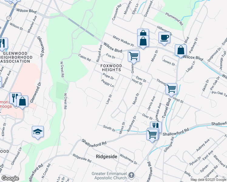 map of restaurants, bars, coffee shops, grocery stores, and more near 1020 Line Street in Chattanooga