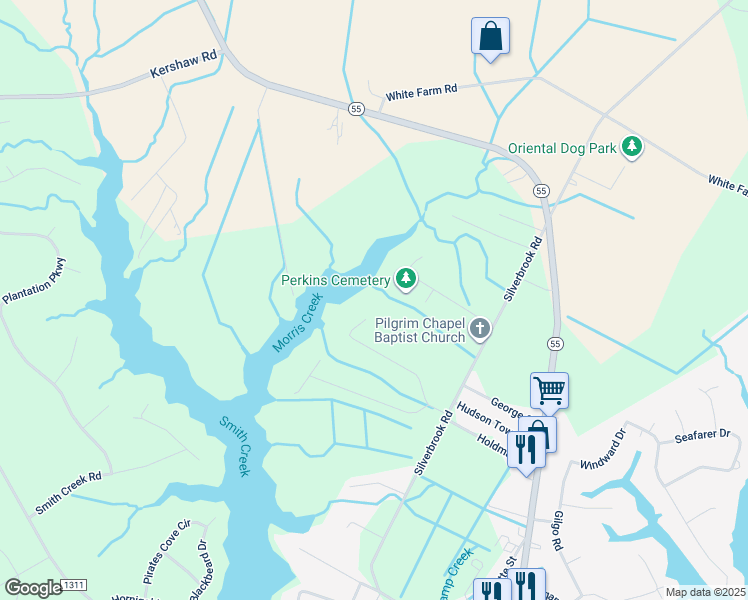map of restaurants, bars, coffee shops, grocery stores, and more near 373 Stillwater Lane in Oriental