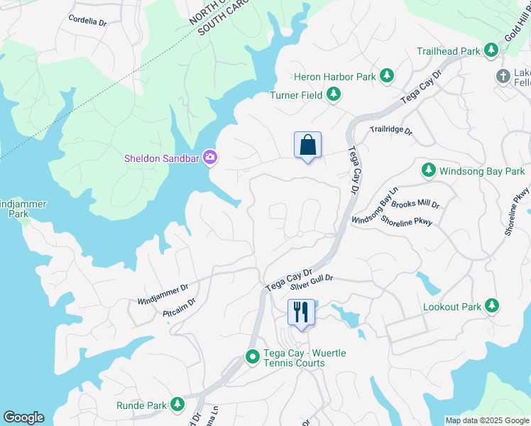 map of restaurants, bars, coffee shops, grocery stores, and more near 588 Pine Links Drive in Tega Cay