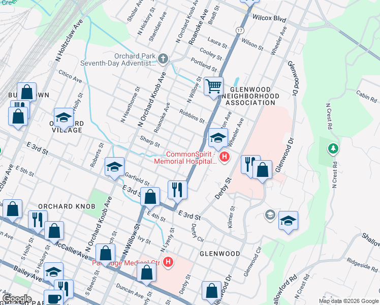 map of restaurants, bars, coffee shops, grocery stores, and more near 700 North Kelly Street in Chattanooga