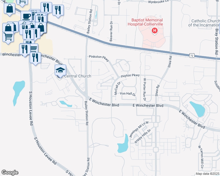 map of restaurants, bars, coffee shops, grocery stores, and more near 1775 Yancey Circle North in Collierville