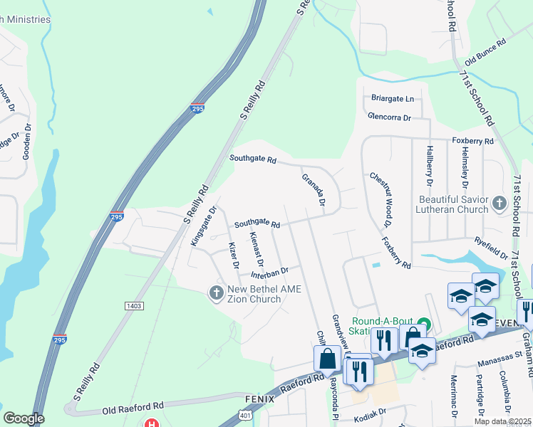 map of restaurants, bars, coffee shops, grocery stores, and more near 7407 Southgate Road in Fayetteville