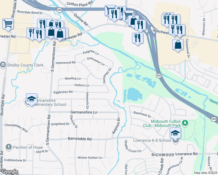 map of restaurants, bars, coffee shops, grocery stores, and more near 3862 Kennings Drive in Memphis