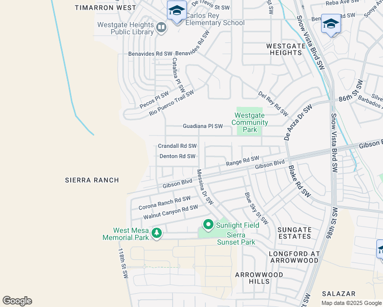 map of restaurants, bars, coffee shops, grocery stores, and more near 10615 Denton Rd SW in Albuquerque
