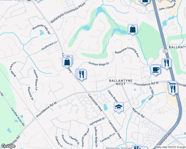 map of restaurants, bars, coffee shops, grocery stores, and more near 11902 Scourie Lane in Charlotte