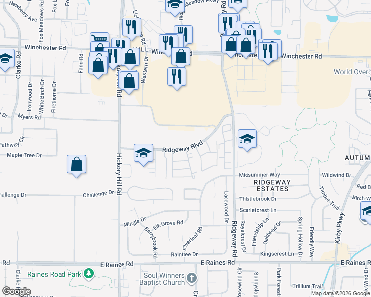 map of restaurants, bars, coffee shops, grocery stores, and more near 6079 Ridgeway Boulevard in Memphis