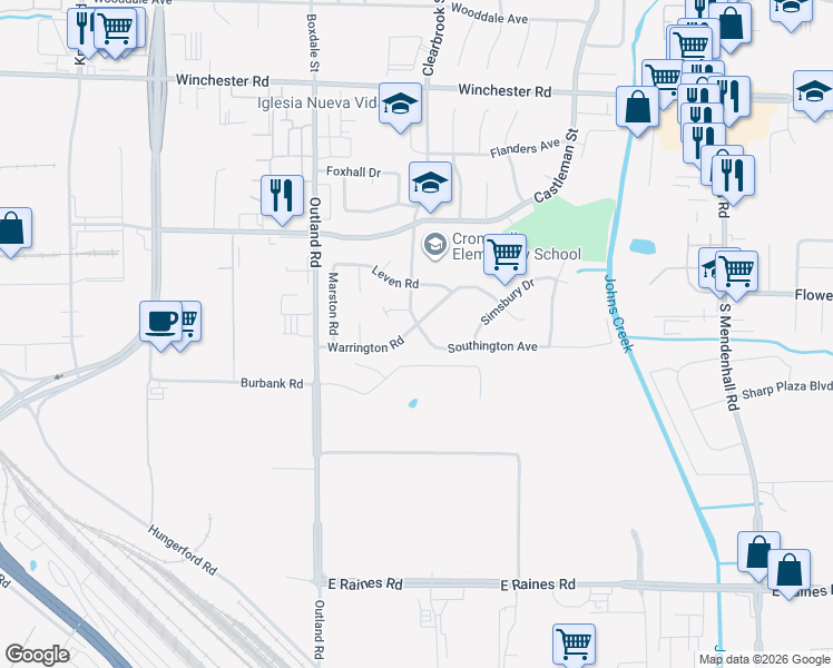 map of restaurants, bars, coffee shops, grocery stores, and more near 4971 Warrington Road in Memphis