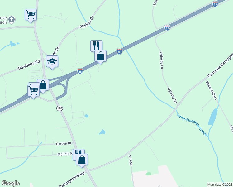 map of restaurants, bars, coffee shops, grocery stores, and more near 100 Huff Road in Cowpens