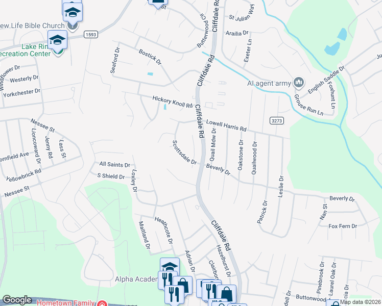 map of restaurants, bars, coffee shops, grocery stores, and more near 1124 Paddington Place in Fayetteville