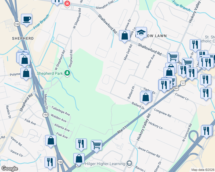 map of restaurants, bars, coffee shops, grocery stores, and more near 6726 Kenton Ridge Circle in Chattanooga