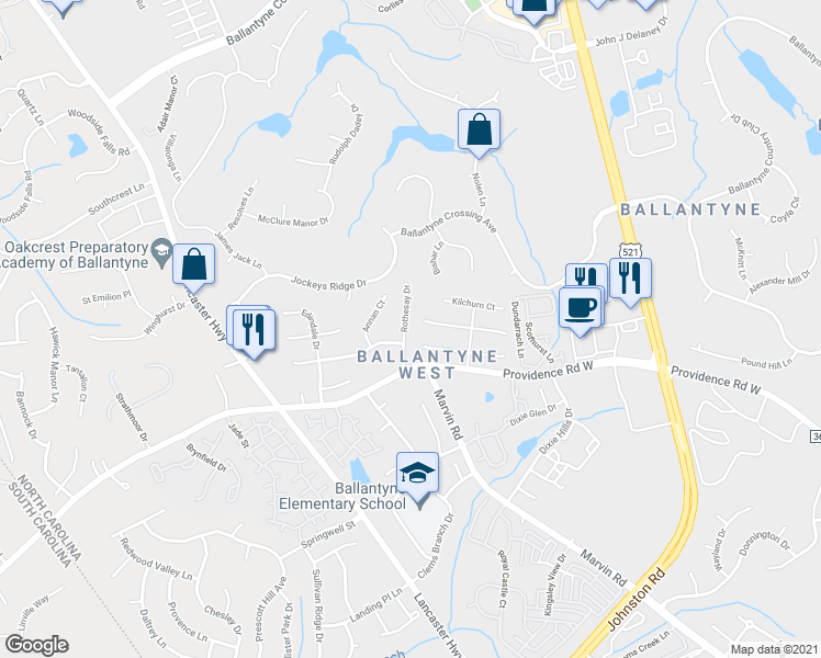 map of restaurants, bars, coffee shops, grocery stores, and more near 15105 Rothesay Drive in Charlotte