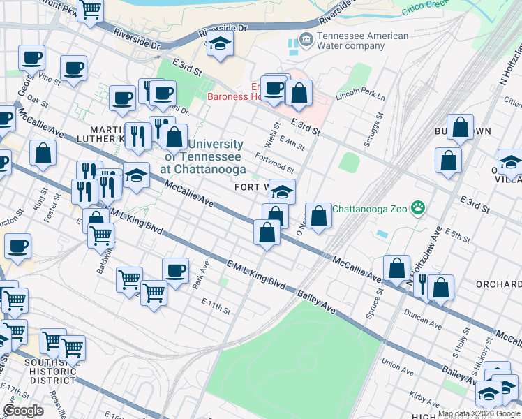 map of restaurants, bars, coffee shops, grocery stores, and more near 918 Oak Street in Chattanooga