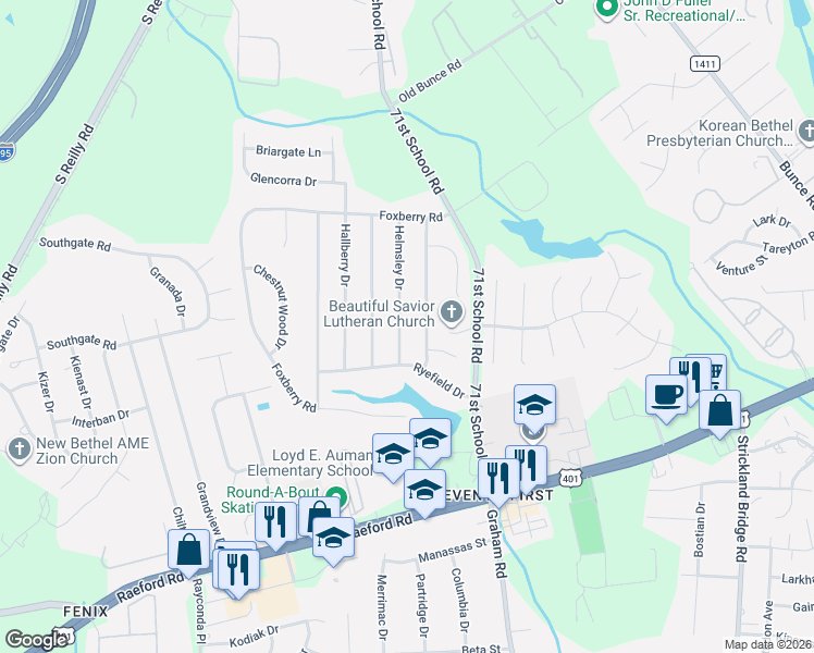 map of restaurants, bars, coffee shops, grocery stores, and more near 1182 Helmsley Drive in Fayetteville