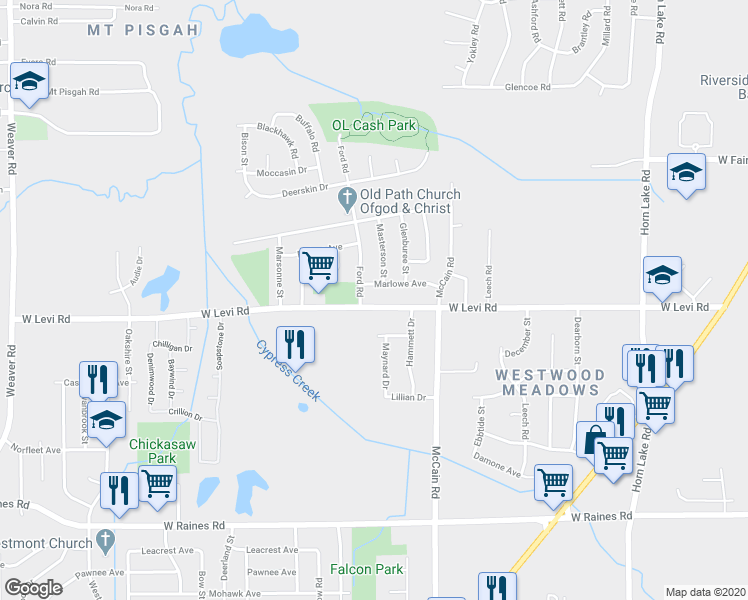 map of restaurants, bars, coffee shops, grocery stores, and more near 506 West Levi Road in Memphis