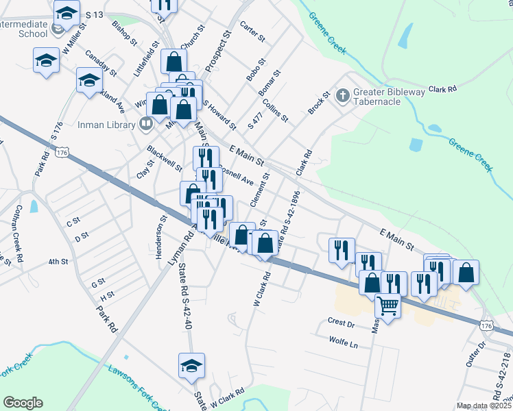 map of restaurants, bars, coffee shops, grocery stores, and more near 27 Buice Street in Inman