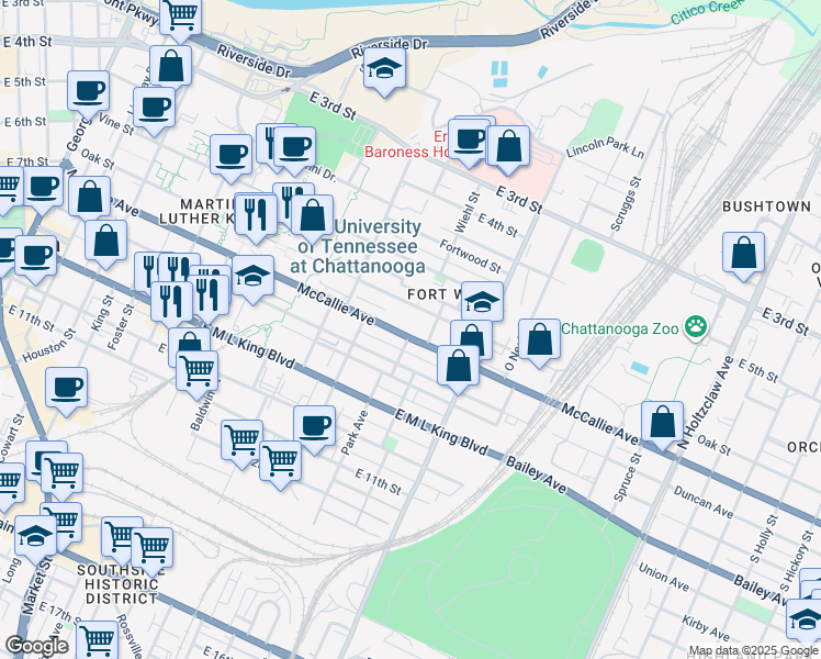 map of restaurants, bars, coffee shops, grocery stores, and more near 863 McCallie Avenue in Chattanooga