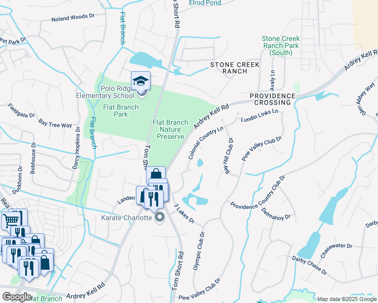map of restaurants, bars, coffee shops, grocery stores, and more near 11326 Colonial Country Ln in Charlotte