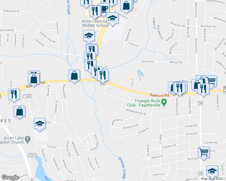 map of restaurants, bars, coffee shops, grocery stores, and more near 5418 Dairy Drive in Fayetteville