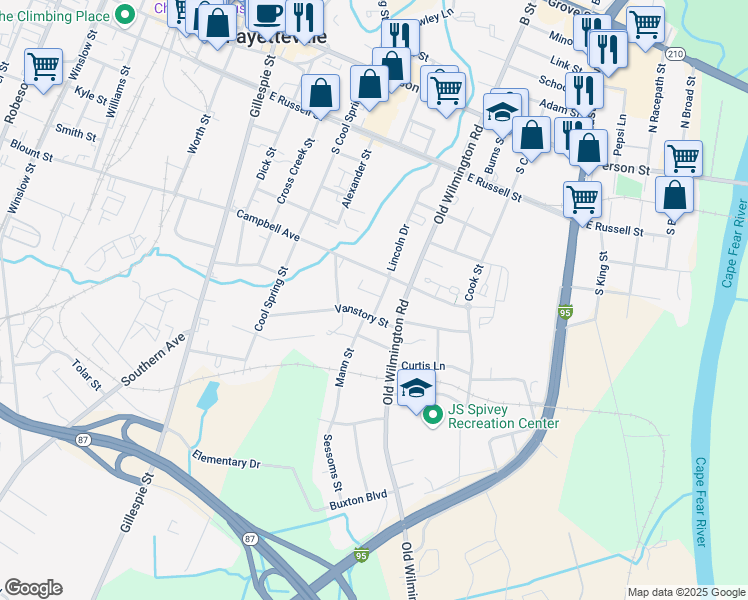 map of restaurants, bars, coffee shops, grocery stores, and more near 411 Vanstory Street in Fayetteville