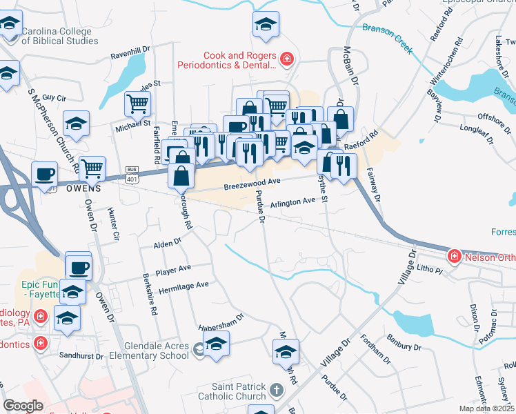 map of restaurants, bars, coffee shops, grocery stores, and more near 1540 Purdue Drive in Fayetteville