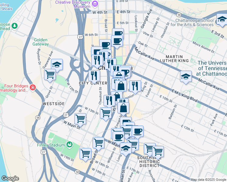 map of restaurants, bars, coffee shops, grocery stores, and more near 1101 Market Street in Chattanooga