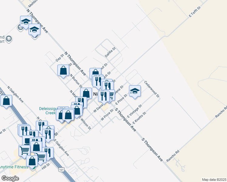 map of restaurants, bars, coffee shops, grocery stores, and more near 139 East Dana Street in Nipomo
