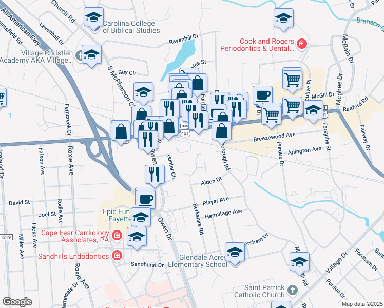 map of restaurants, bars, coffee shops, grocery stores, and more near 1036 Ancestry Drive in Fayetteville