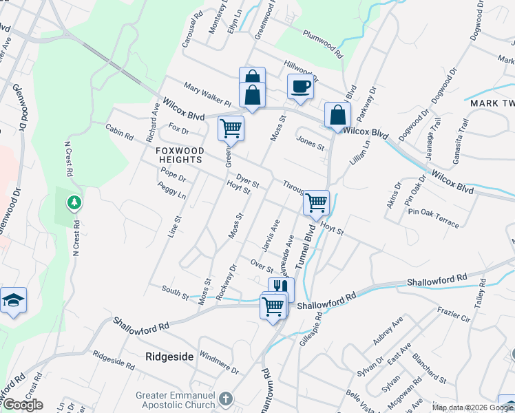 map of restaurants, bars, coffee shops, grocery stores, and more near 1110 Rockway Drive in Chattanooga
