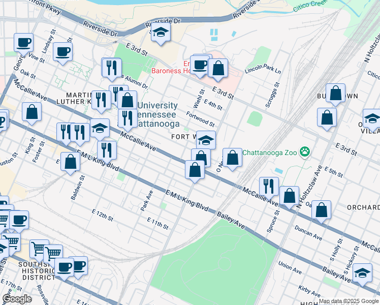 map of restaurants, bars, coffee shops, grocery stores, and more near 918 Oak Street in Chattanooga