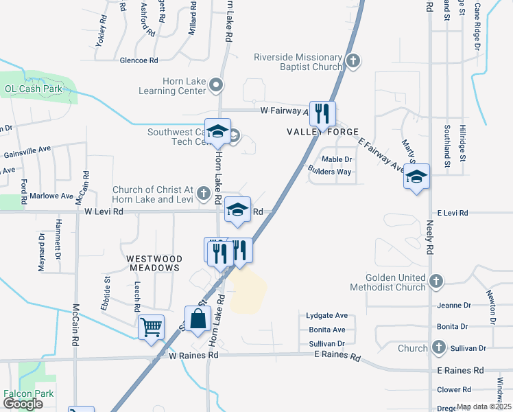 map of restaurants, bars, coffee shops, grocery stores, and more near 106 West Levi Road in Memphis