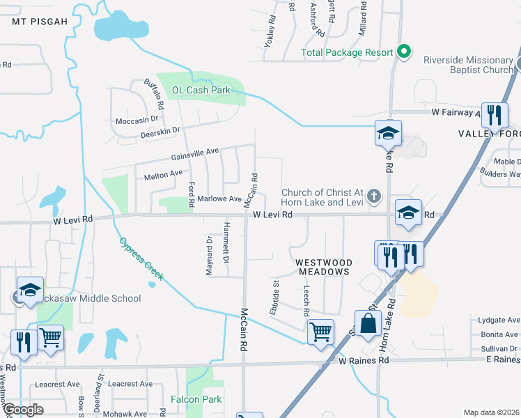 map of restaurants, bars, coffee shops, grocery stores, and more near 416 West Levi Road in Memphis