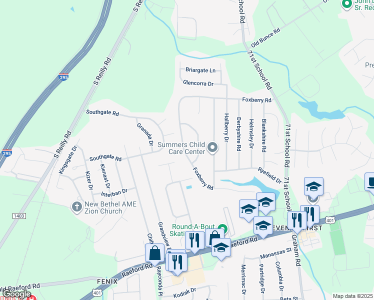 map of restaurants, bars, coffee shops, grocery stores, and more near 6679 Foxberry Road in Fayetteville