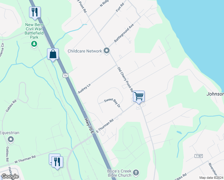 map of restaurants, bars, coffee shops, grocery stores, and more near 121 Oakley Drive in New Bern