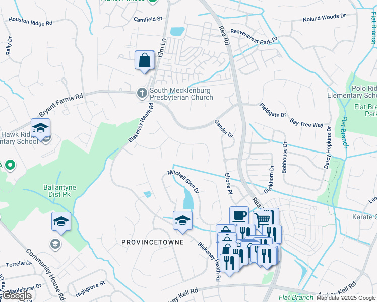 map of restaurants, bars, coffee shops, grocery stores, and more near 11725 Buckstone Ln in Charlotte